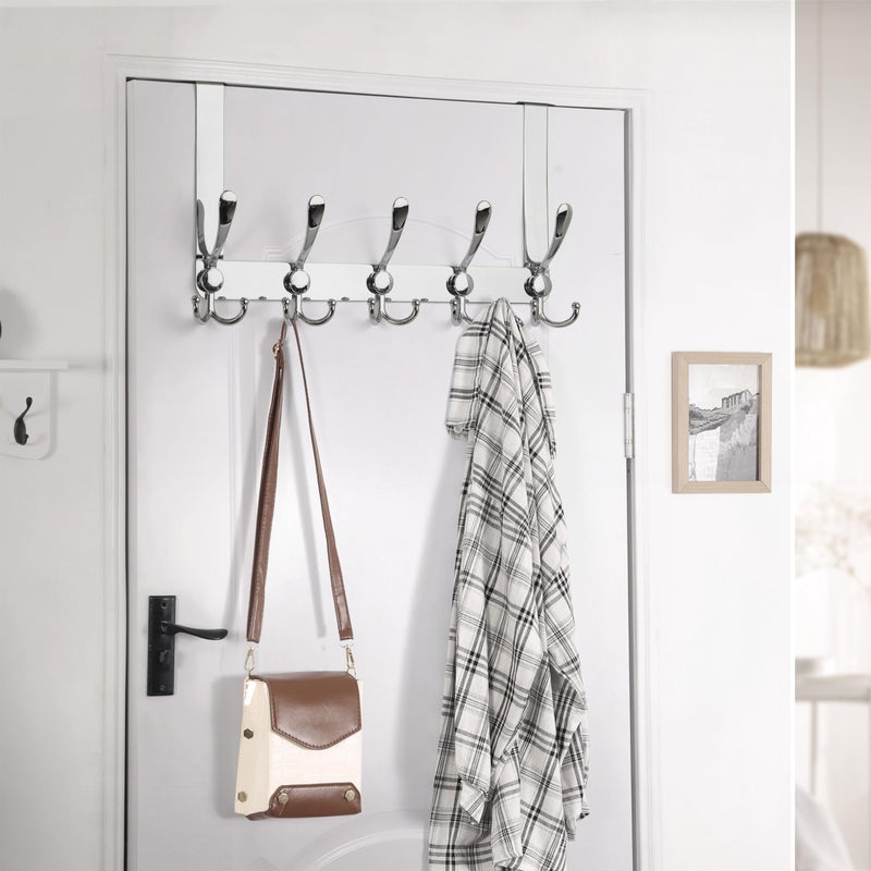 Dseap Over The Door Hook Hanger - Fits 1 3/8" to 1 3/4" Standard Doors | 5 Tri Hooks Heavy Duty Towel/Coat Rack | Door Organizer for Clothes, Jackets, Hats, Towels, Chromed - Image 3